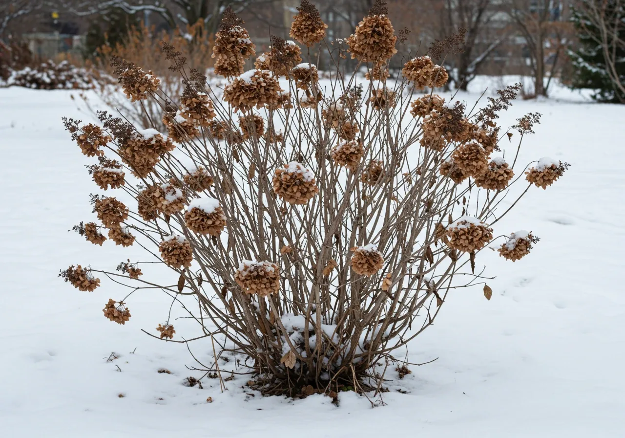 A dormant Panicle Hydrangea ('Limelight' or similar) shrub in a winter garden setting, showing its sturdy stems and dried flower heads remaining. This visually represents a shrub type that benefits from winter pruning (blooms on new wood).