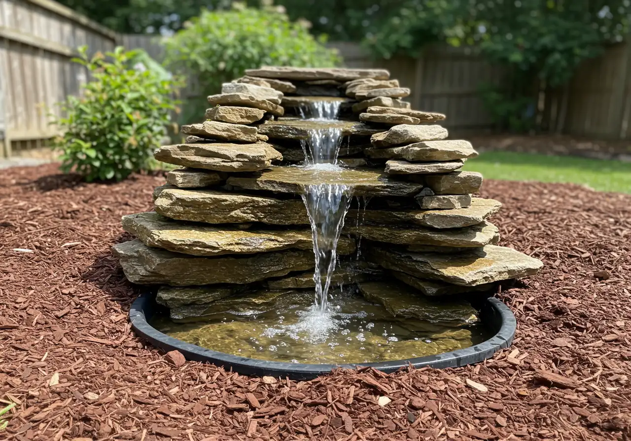 A clear, eye-level view of a small, naturalistic backyard waterfall focusing on the components. Show the water collection basin at the bottom, rocks forming the cascade, and water visibly spilling over a top rock (the spillway). The surrounding landscape should show simple garden mulch and a few background plants, emphasizing the waterfall itself.