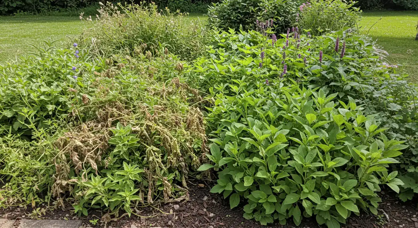 A visually appealing photograph contrasting two small sections of a garden bed side-by-side. One section shows perennials crowded together, looking slightly stressed and tangled. The adjacent section shows similar perennials neatly spaced, appearing healthy, vibrant, and allowing clear definition between plants.