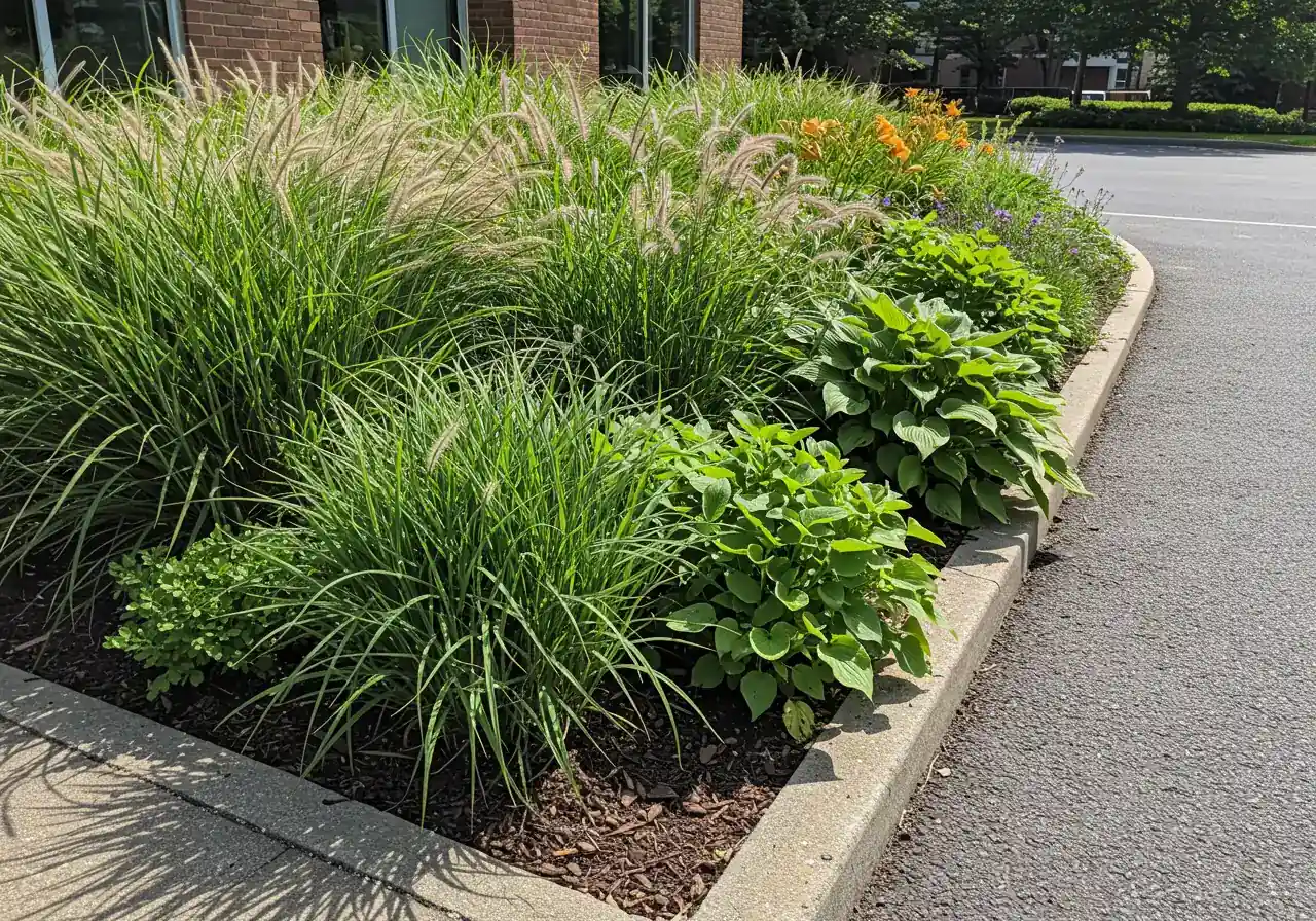 A vibrant photograph showcasing a selection of healthy, salt-tolerant plants thriving in a garden bed near an implied curb or pavement edge. Include hardy ornamental grasses (like Feather Reed Grass with its distinct plumes) and possibly some robust perennials like Daylilies or Hostas. The plants look vigorous and undamaged, demonstrating resilience in a potentially high-salt exposure area. The lighting is bright daylight, emphasizing the healthy green foliage and textures.