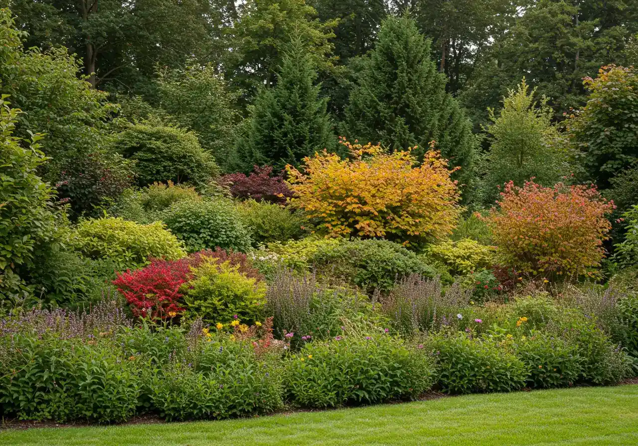 A photograph illustrating the concept of layered planting for bird cover. The image shows a garden border featuring taller evergreen shrubs (like compact cedars or spruce) in the background, medium-height deciduous shrubs (like Dogwood with fall color or berries) in the middle layer, and lower perennials or grasses in the foreground. The composition should emphasize density and multiple levels, suggesting safe hiding places for birds without showing any birds.