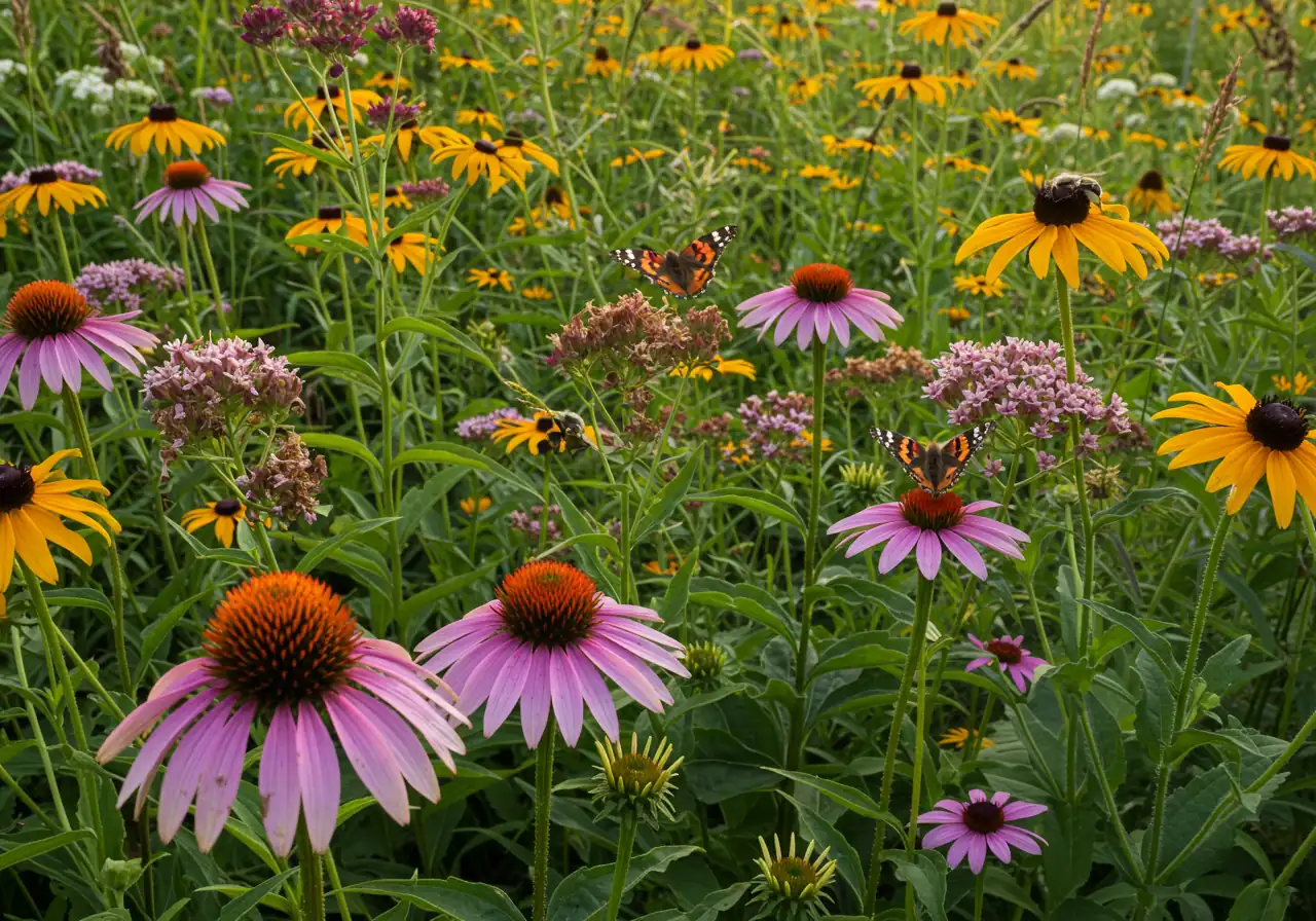 A vibrant, colorful collection of native Ottawa-area plants in full bloom. Include Purple Coneflower, Black-Eyed Susan, Wild Bergamot, and Butterfly Milkweed. The flowers should be arranged in a naturalistic, visually appealing way, showcasing their different colors and textures. Butterflies or bees should be visible on some of the flowers. The lighting should be bright and sunny, highlighting the vibrancy of the blooms. No people.