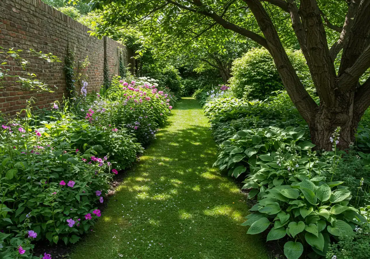 A split-view style photograph illustrating microclimate differences within a single suburban backyard. One side shows a sun-drenched corner garden bed against a warm brick wall with heat-loving flowers thriving. The other side shows a deeply shaded area under a large deciduous tree with shade-tolerant plants like hostas.