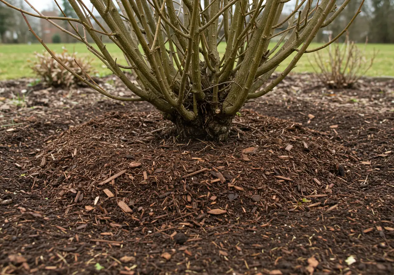 A photograph showing the base of a recently pruned shrub receiving proper aftercare. The image should focus on a neat, 2-3 inch layer of dark brown organic wood chip mulch applied around the base of the shrub stems, leaving a small gap directly around the stems to prevent rot. The soil should look moist beneath the mulch. Focus on the mulch application.