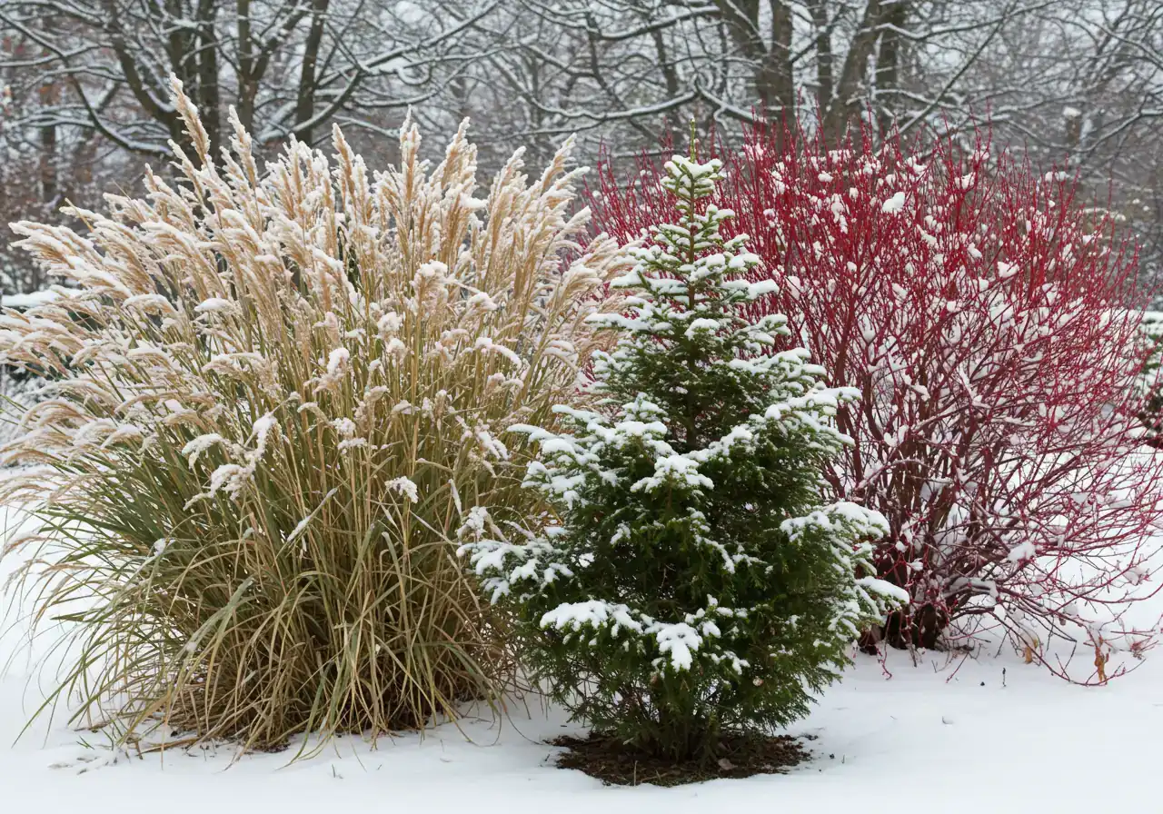 A serene winter garden scene illustrating 'winter interest'. The image should focus on plants that provide structure and texture against a light dusting of snow, such as ornamental grasses and colourful stems, relevant to Ottawa's climate.