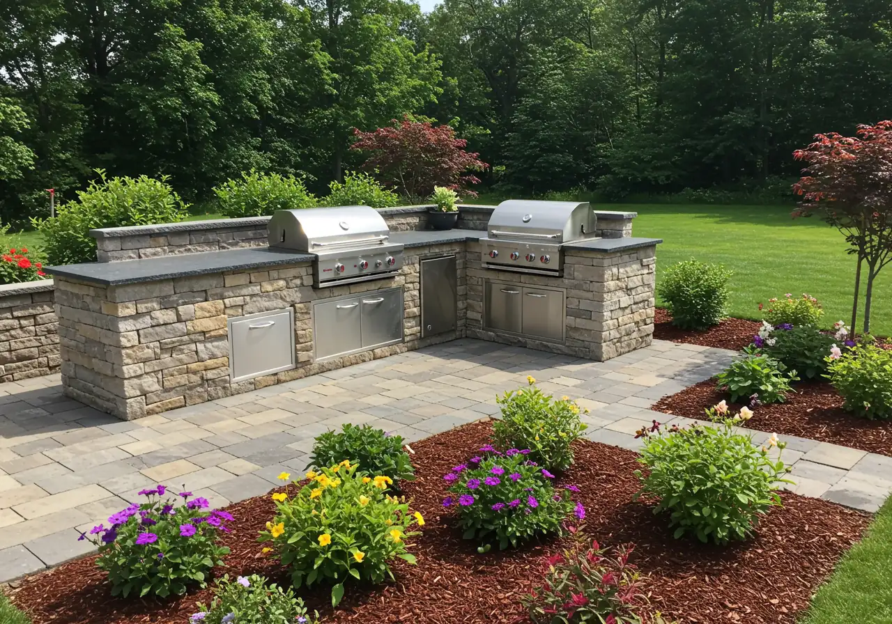 An image illustrating the seamless blend of an outdoor kitchen area with the surrounding garden and lawn, emphasizing how the structure complements the landscaping with well-maintained garden beds and clear pathways.