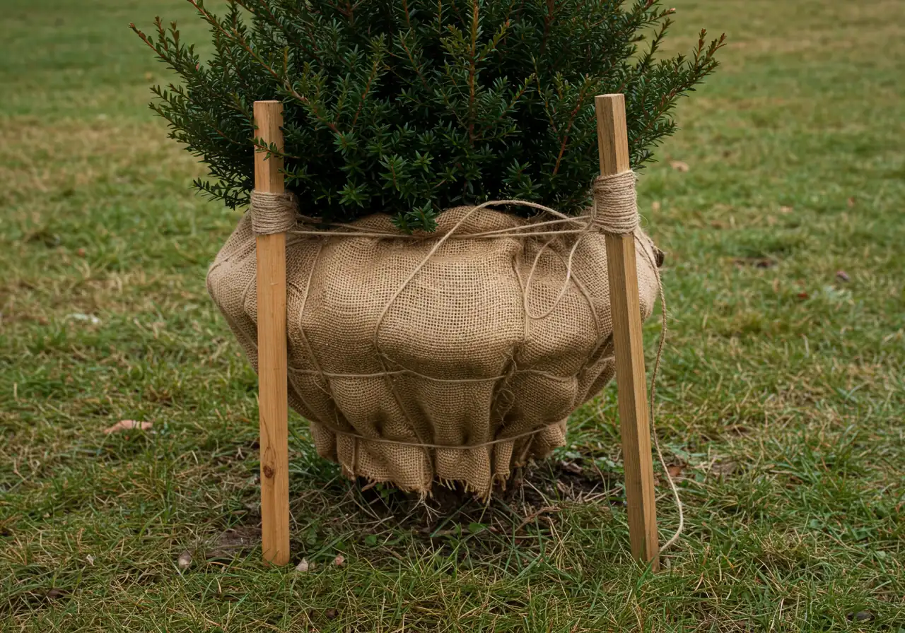 A clear photograph showing a medium-sized evergreen shrub properly protected for winter using the burlap bunker method. Four wooden stakes surround the shrub, placed slightly away from the branches. Natural tan burlap is wrapped around the outside of the stakes, secured neatly with twine. The burlap forms a protective screen, not tightly bound to the plant itself. The top of the burlap wrap is slightly open to allow air circulation. The setting is late fall, with dormant brown grass or fallen leaves on the ground around the base.