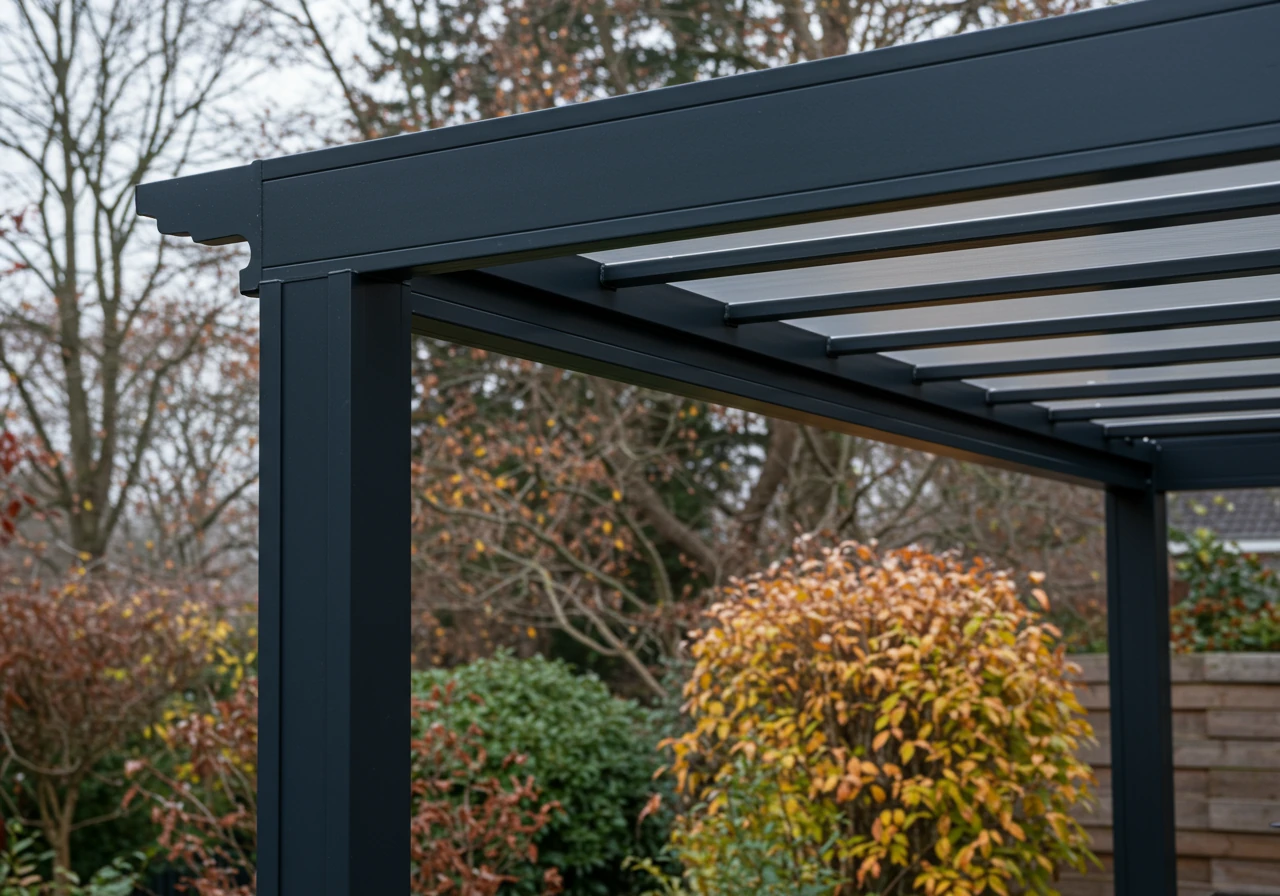 A clear shot showcasing the structural detail of a modern, high-quality aluminum pergola. The image should highlight the clean lines, smooth finish (perhaps in a dark grey or black), and sturdy construction of the posts and beams. Set against a crisp, late autumn backdrop – maybe with dormant plants or a touch of frost on the ground nearby to subtly suggest the climate challenge, but the pergola itself looks pristine and unaffected. Focus on the material's appearance and implied durability. No people or signs of wear/damage.
