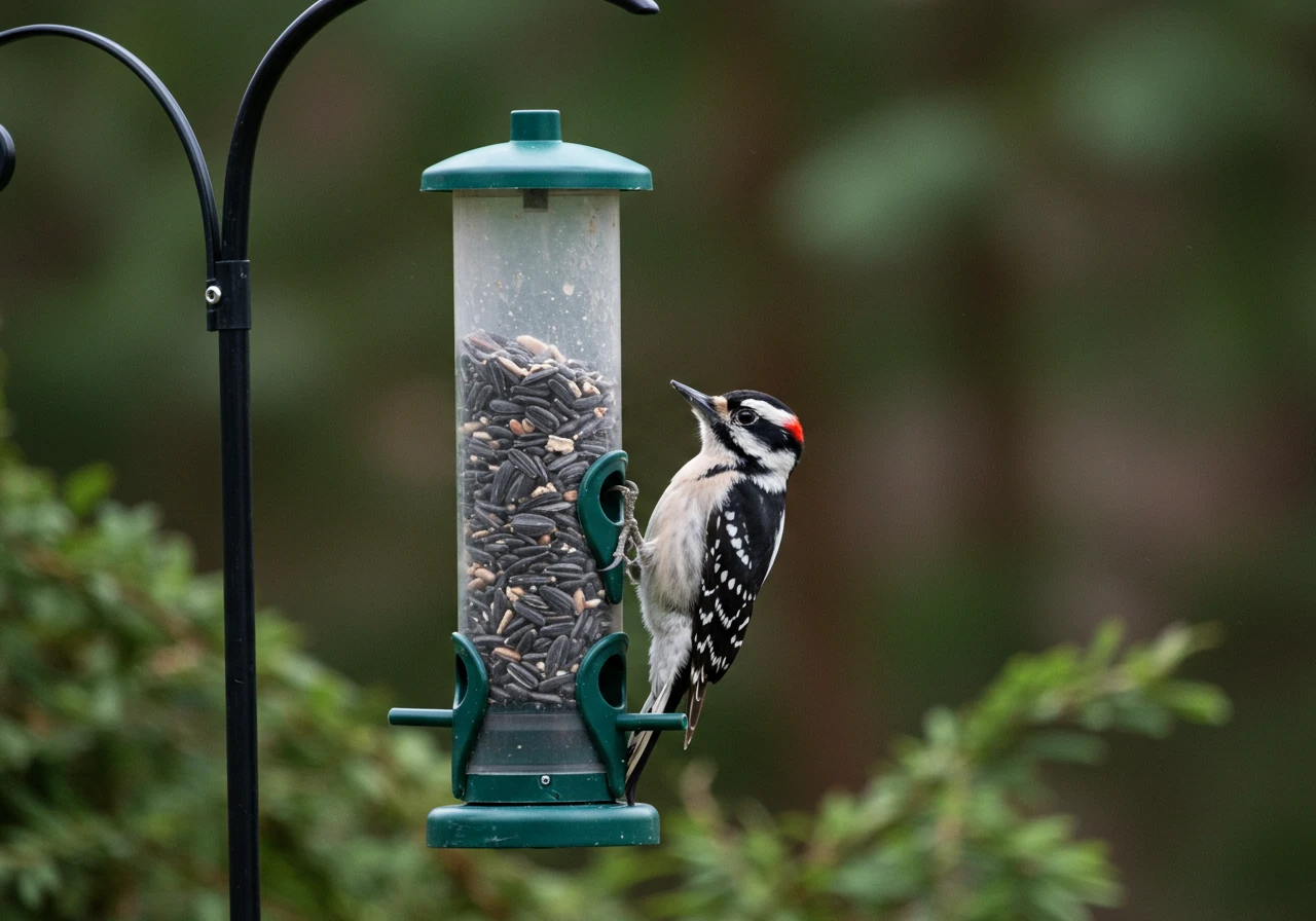 A clear photograph of a clean, well-maintained tube bird feeder filled with black oil sunflower seeds. It hangs from a pole equipped with a squirrel baffle, positioned about 10 feet away from a backdrop of evergreen shrubs providing cover. A Downy Woodpecker is shown clinging to the feeder mesh, eating a seed. The focus is sharp on the bird and feeder, with the background slightly blurred.