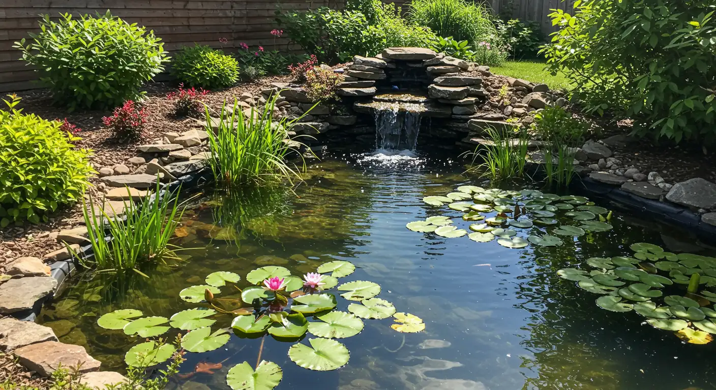 A picturesque, well-maintained backyard water feature, perhaps a small pond with a gentle stone waterfall, sparkling in the summer sunlight. Lush green aquatic plants like water lilies are visible, and the water is crystal clear, reflecting the blue sky. No people are present, just the serene feature within a garden setting.