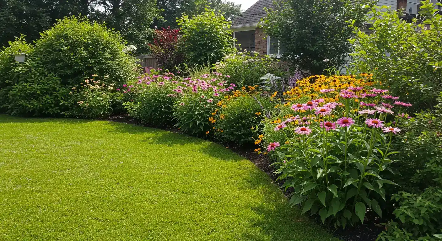 A vibrant, healthy residential garden thriving in the middle of summer. Showcases lush green lawn edges, colourful flowering perennials (like echinacea or rudbeckia), and healthy shrubs under a bright, sunny sky, representing the ideal outcome of proactive care.