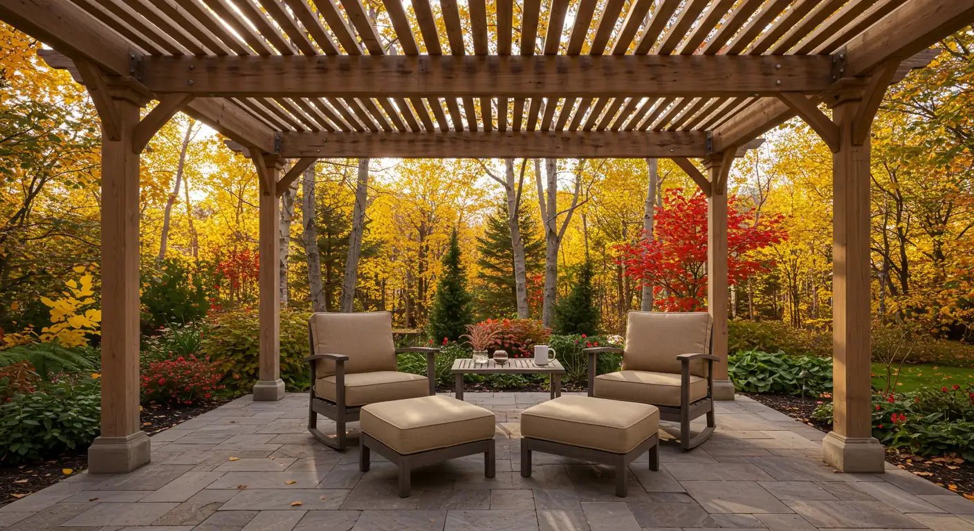 A welcoming backyard scene in Barrhaven during peak autumn. The image should show a well-maintained wooden or composite pergola with comfortable, empty outdoor seating underneath. Sunlight filters through the open roof slats, casting dappled light on a stone patio. Colourful fall leaves (reds, golds, oranges) are visible on surrounding trees or perhaps neatly collected nearby. A steaming mug sits invitingly on a small side table next to a chair, suggesting warmth and relaxation without showing any people. The overall mood is tranquil and cozy.