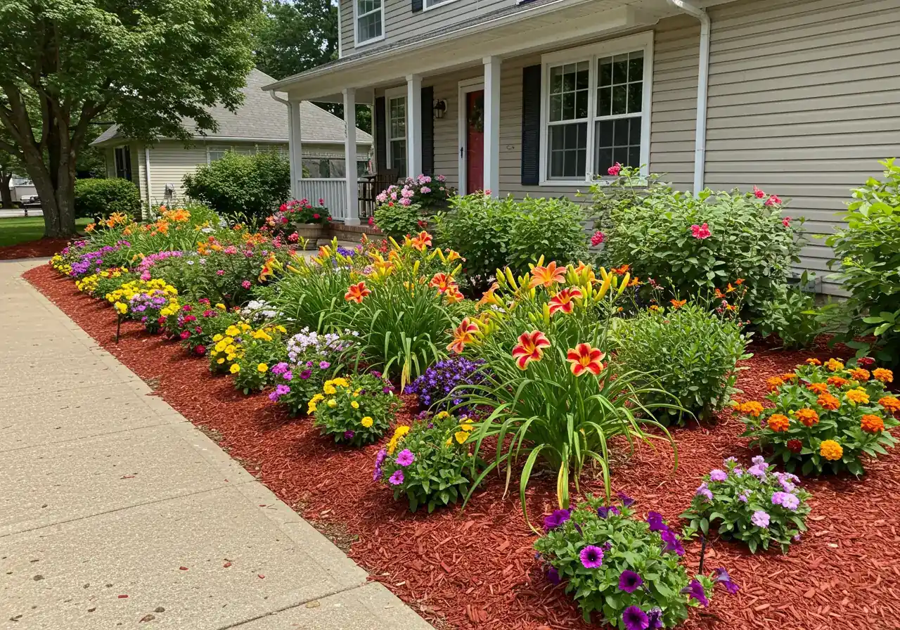 A vibrant, well-maintained flower bed flanking the front walkway of a charming suburban home, showcasing enhanced curb appeal. The bed is densely planted with a mix of colourful summer annuals (like petunias and marigolds) and perennials (like daylilies) in full bloom under bright sunshine. The overall impression is welcoming and boosts the home's visual appeal.