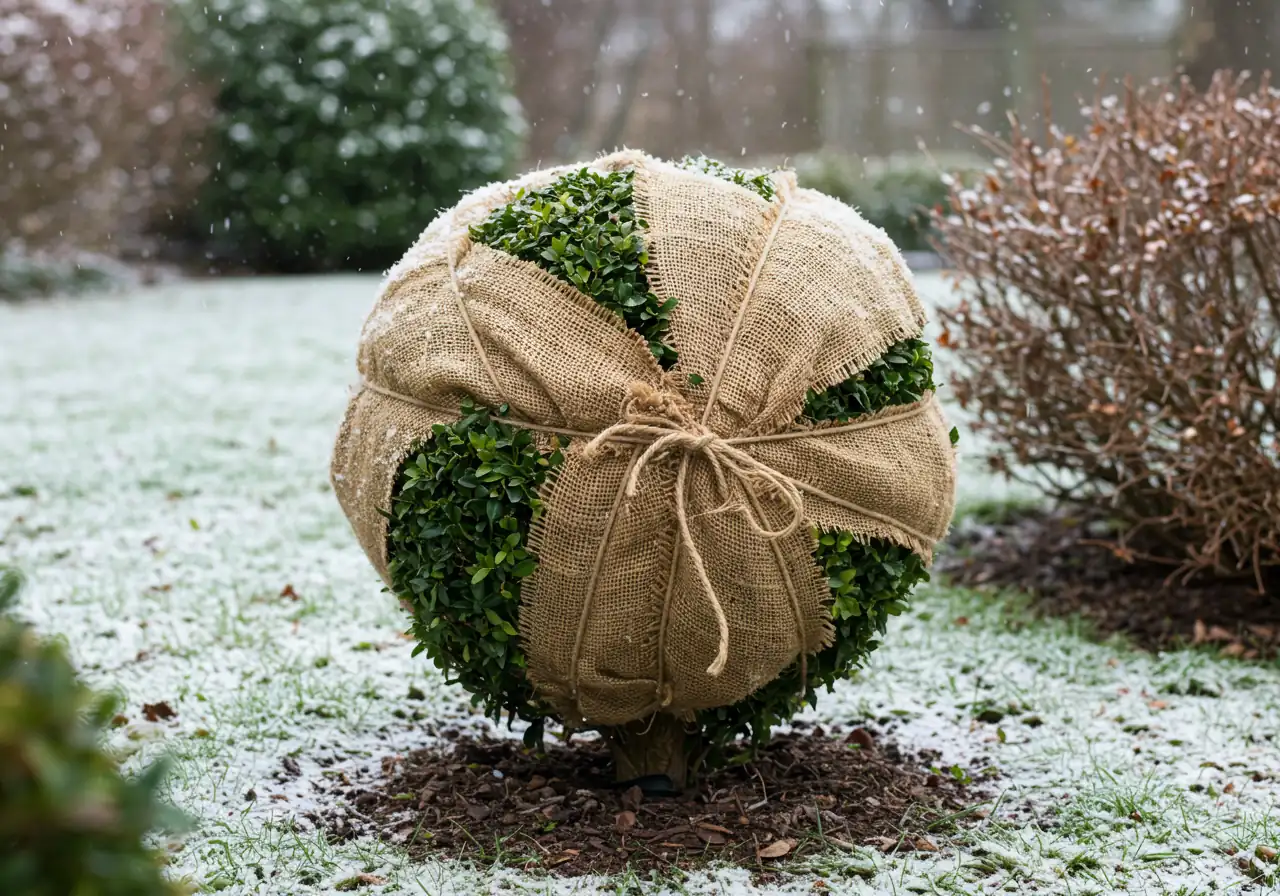A practical image showing a medium-sized boxwood topiary (e.g., a globe shape) carefully wrapped in natural-colored burlap for winter protection. The burlap should be secured neatly with twine. A light dusting of snow could be on the ground around the base or lightly on the burlap, indicating the winter setting typical of Ottawa, without obscuring the wrapping technique.