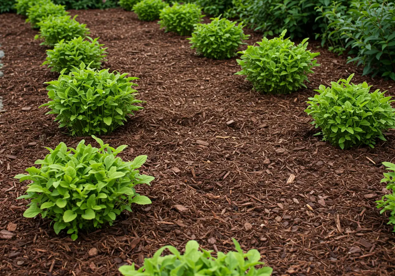 A visually appealing shot of a well-maintained garden bed featuring healthy perennials and shrubs. A fresh, even layer (2-3 inches deep) of dark brown shredded bark mulch covers the soil surface around the base of the plants, extending neatly to the edge of the bed. Ensure no mulch is piled against plant stems. The lighting should be soft, perhaps morning or late afternoon.