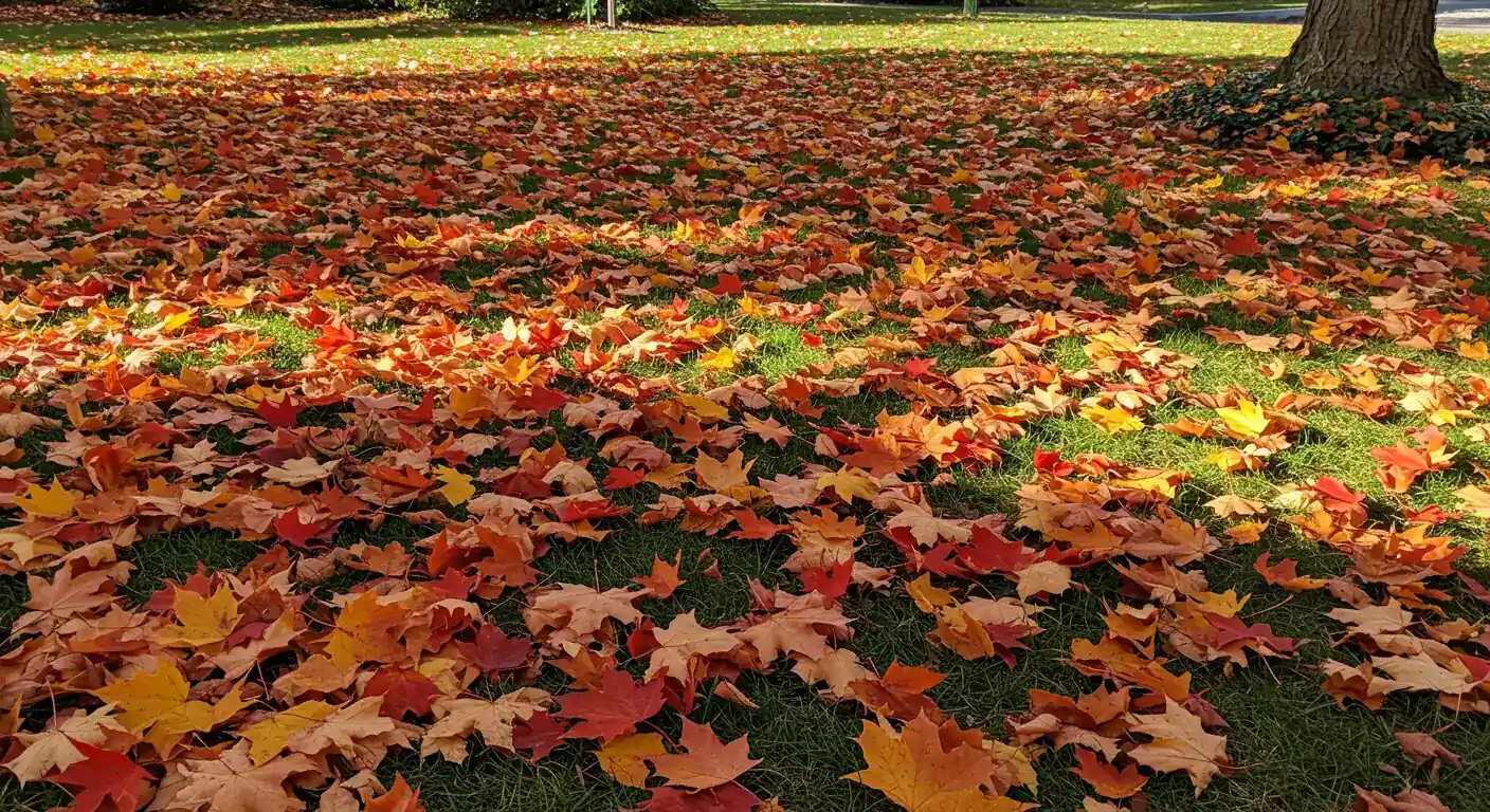 A picturesque scene capturing the beauty and challenge of fall cleanup. Shows a vibrant carpet of fallen red, orange, and yellow maple leaves covering a significant portion of a healthy green lawn in a suburban backyard setting during late autumn. The focus is on the sheer volume of leaves suggesting the cleanup task ahead, with soft, late afternoon sunlight casting long shadows. No tools or people are visible, emphasizing the natural state before cleanup begins.