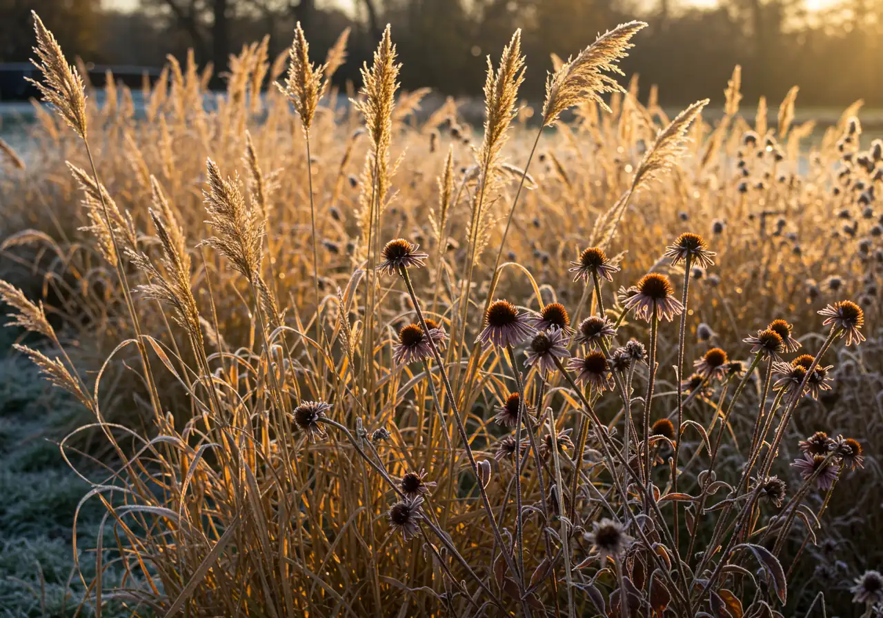 A visually appealing garden scene in late autumn showcasing perennials left standing for winter interest. Focus on the textures and shapes of frost-kissed ornamental grass plumes and dark, sturdy seed heads of coneflowers (Echinacea) or Sedum 'Autumn Joy', contrasting against dormant foliage or bare soil. Birds could potentially be shown interacting with seed heads.
