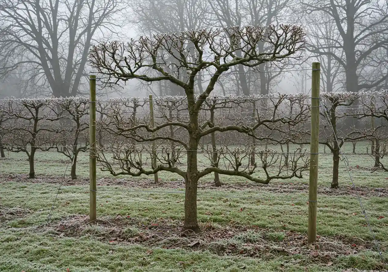 An image capturing the architectural beauty of a dormant espalier tree after its leaves have dropped and it has been pruned for winter. The bare branches should clearly show the trained structure against its support wires or trellis, perhaps with a light dusting of frost on the branches and ground, suggesting the onset of cold weather.