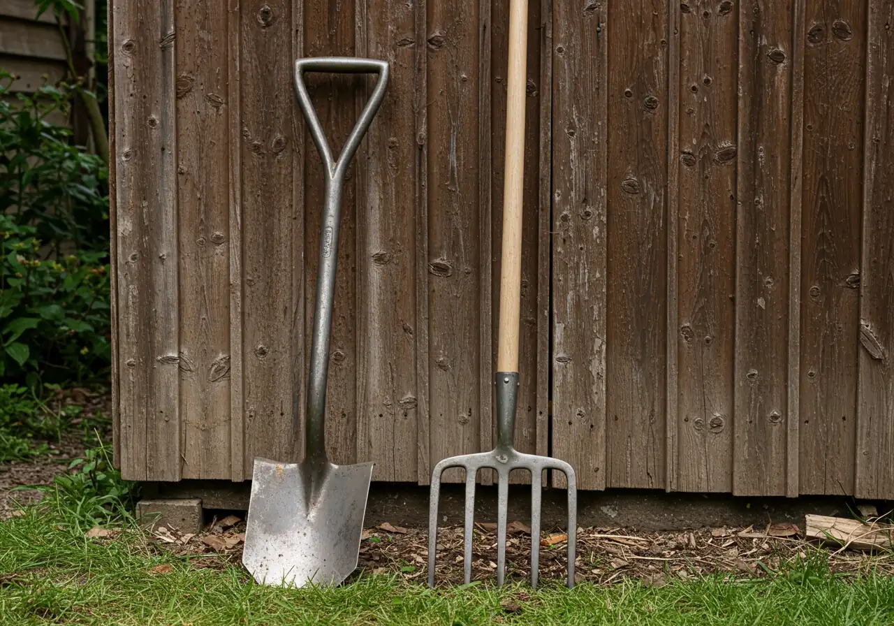 An arrangement of essential hand tools for clay soil resting against a rustic wooden garden shed wall or on mulched ground. Showcases a sturdy digging spade with a sharp blade and footrest, alongside a robust digging fork with thick tines. Tools should look clean and ready for use.
