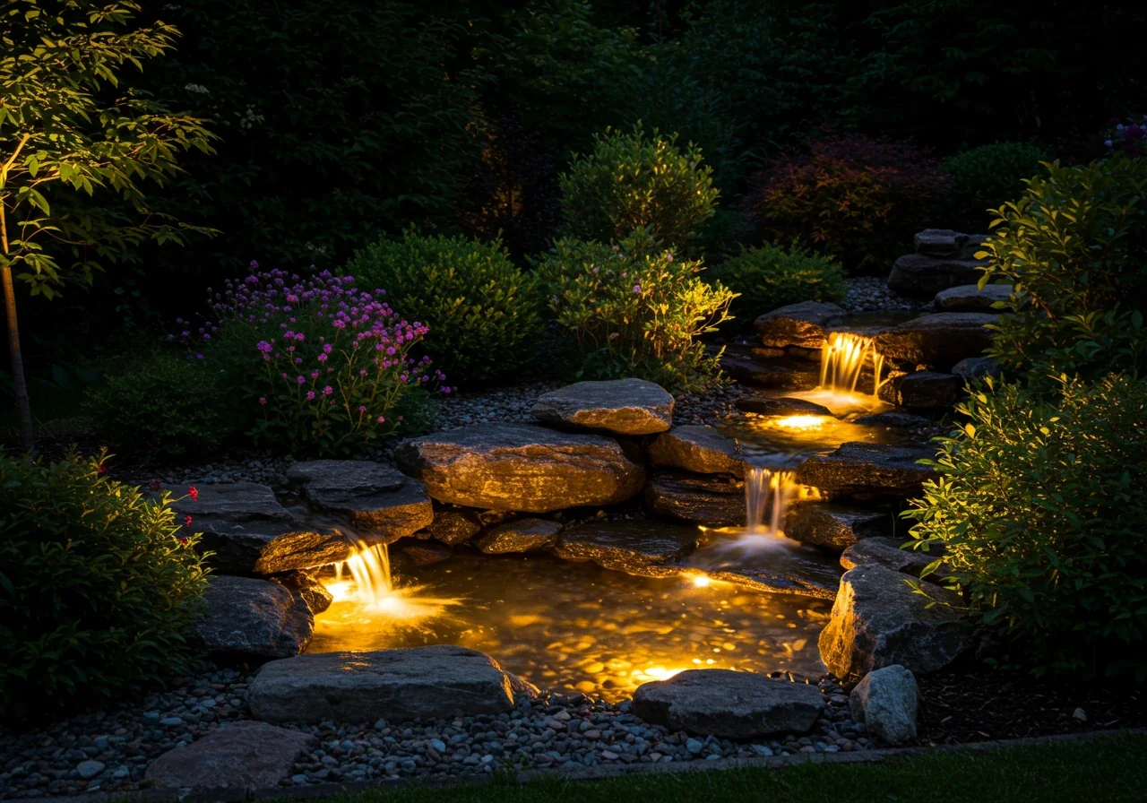 A tranquil evening or night scene of a garden water feature, perhaps a small waterfall or fountain, illuminated by subtle, warm-toned underwater LED lighting. The light creates highlights and shadows on the moving water and surrounding rocks or plants, showcasing the aesthetic appeal of landscape lighting.