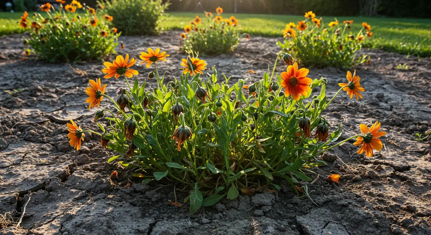 A visually striking image depicting a parched garden bed under the intense midday summer sun. Focus on some visibly stressed, slightly wilted flowering plants (like petunias or zinnias) contrasted against dry, perhaps slightly cracked earth, effectively illustrating the 'summer scorch' problem the article addresses.