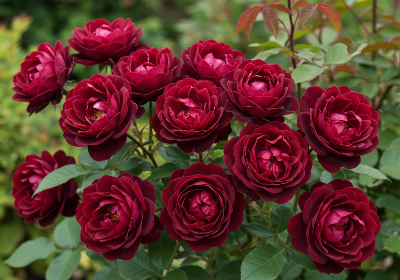 A vibrant, appealing photograph showcasing one of the recommended hardy rose varieties in full bloom. Feature a healthy 'Champlain' rose bush with multiple clusters of velvety, dark red flowers against lush green foliage, thriving in a garden setting.