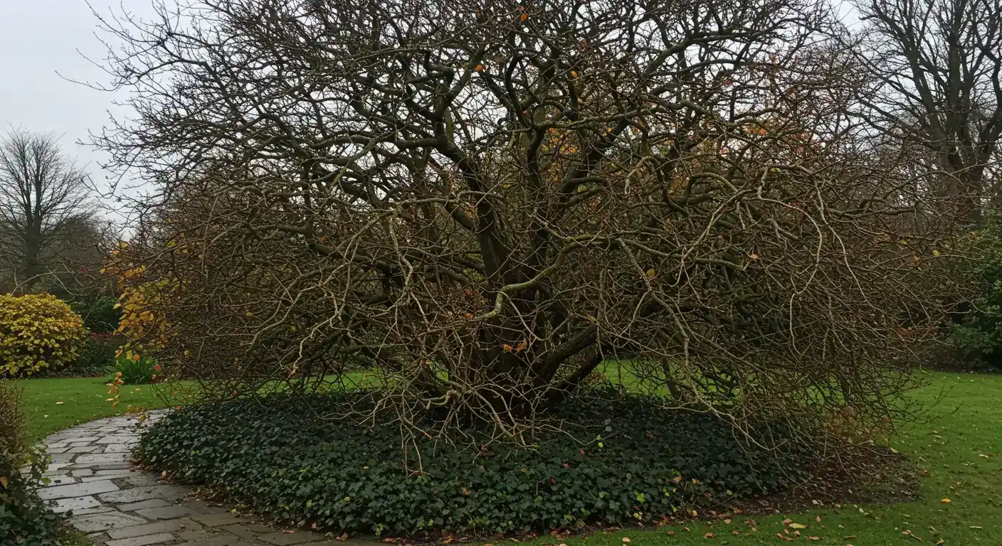 A photograph capturing a dramatically overgrown, multi-stemmed deciduous shrub, possibly a dogwood or spirea, looking tangled and shapeless in late autumn after most leaves have fallen. It should dominate its space, perhaps encroaching on a pathway or looking congested, clearly illustrating the 'problem' shrub described.