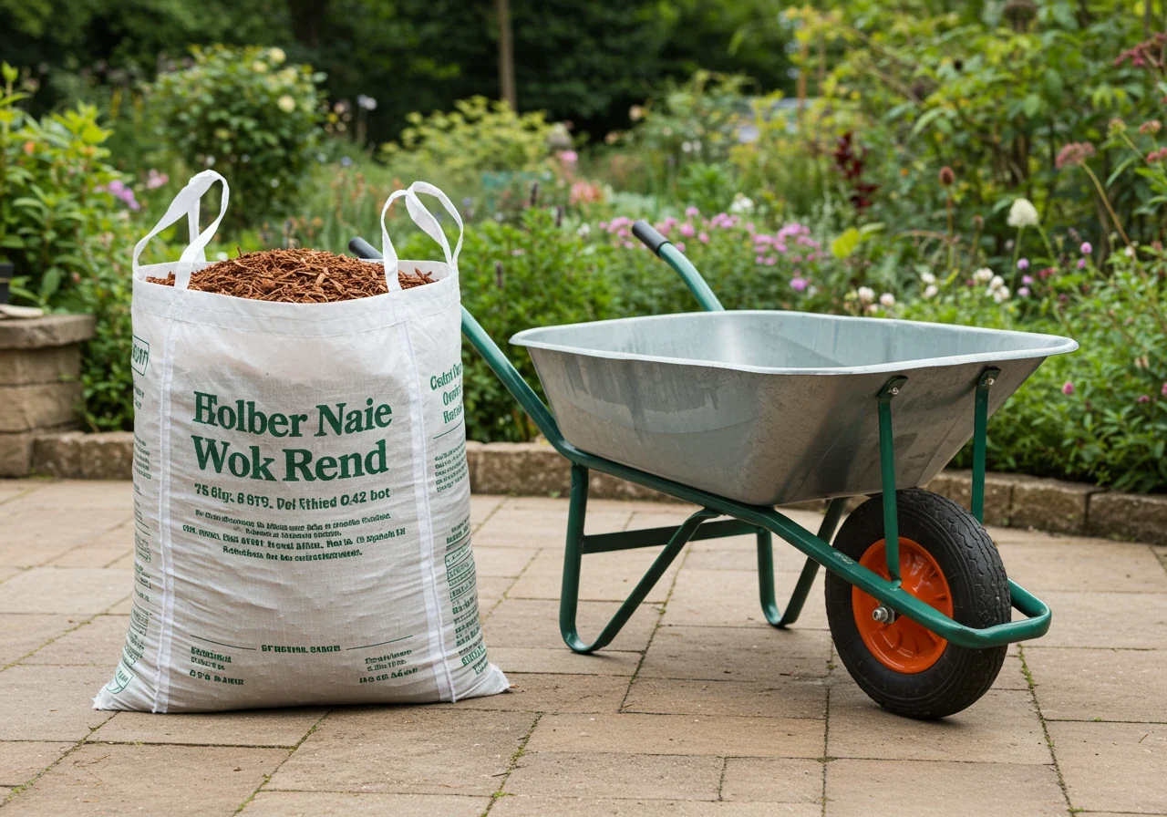 Illustrate the concept of lifting aids without showing a person. A large, full bag of garden mulch sitting next to a sturdy, clean garden wheelbarrow on a paved patio area near garden beds. This visually suggests the option of using the wheelbarrow for easier transport rather than lifting the heavy bag directly.