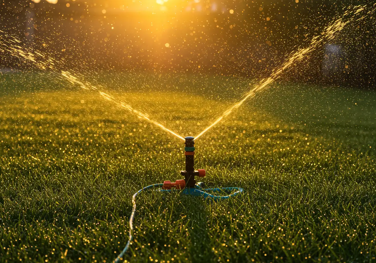 A serene image illustrating ideal early morning watering. Shows an oscillating or pop-up sprinkler actively watering a lush green lawn bathed in the soft, golden light of sunrise. Water droplets are visible in the air and on the grass blades.