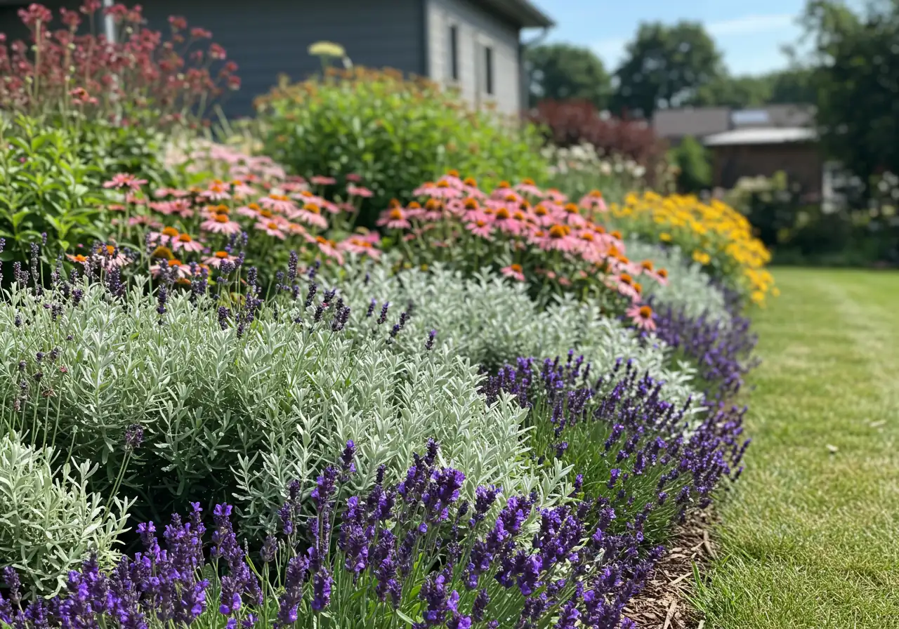 A photograph illustrating a layered garden bed design. The foreground shows a border of strongly scented, deer-resistant plants like lavender or Russian sage with their distinct textures. Behind this layer, slightly more vulnerable (but still somewhat resistant) flowering perennials are visible, visually demonstrating the defensive planting strategy.