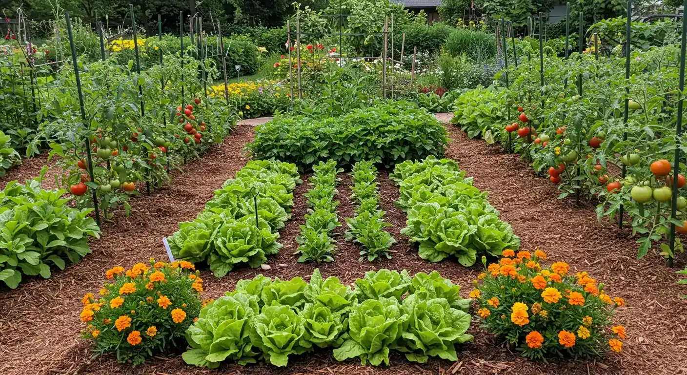 A vibrant, well-organized garden bed in early summer sunshine, showcasing healthy plants like tomatoes (staked), leafy greens, and colourful flowers (e.g., zinnias or marigolds). The bed is neatly edged, mulched, and visually demonstrates the success one might achieve through careful planning and record-keeping. Focus on the plants and healthy soil, evoking a sense of order and abundance.
