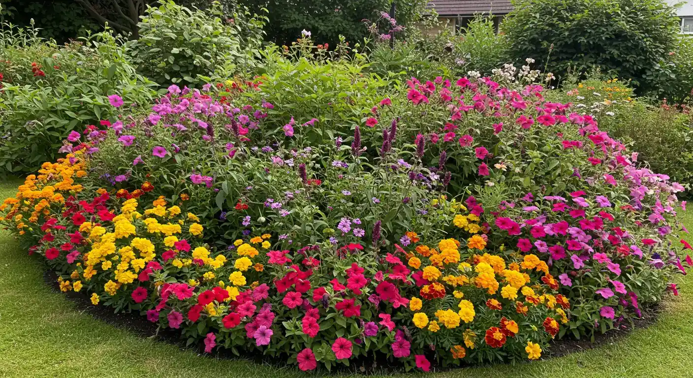 A vibrant, colourful garden bed in full summer bloom, showcasing a variety of healthy annuals and perennials like petunias, marigolds, and salvia. The image should convey abundance, health, and the visual reward of good garden care, bathed in bright, natural sunlight.