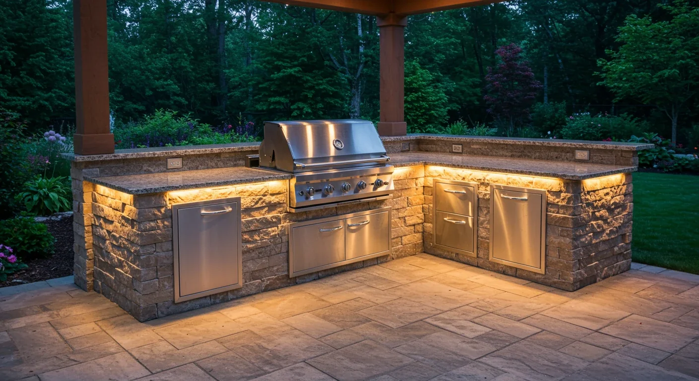 A beautifully designed outdoor kitchen integrated seamlessly into a lush backyard patio setting, evoking a warm summer evening atmosphere. It features a built-in grill, stone countertops, subtle ambient lighting under the counter, and comfortable patio furniture nearby, surrounded by well-maintained landscaping typical of Ontario.