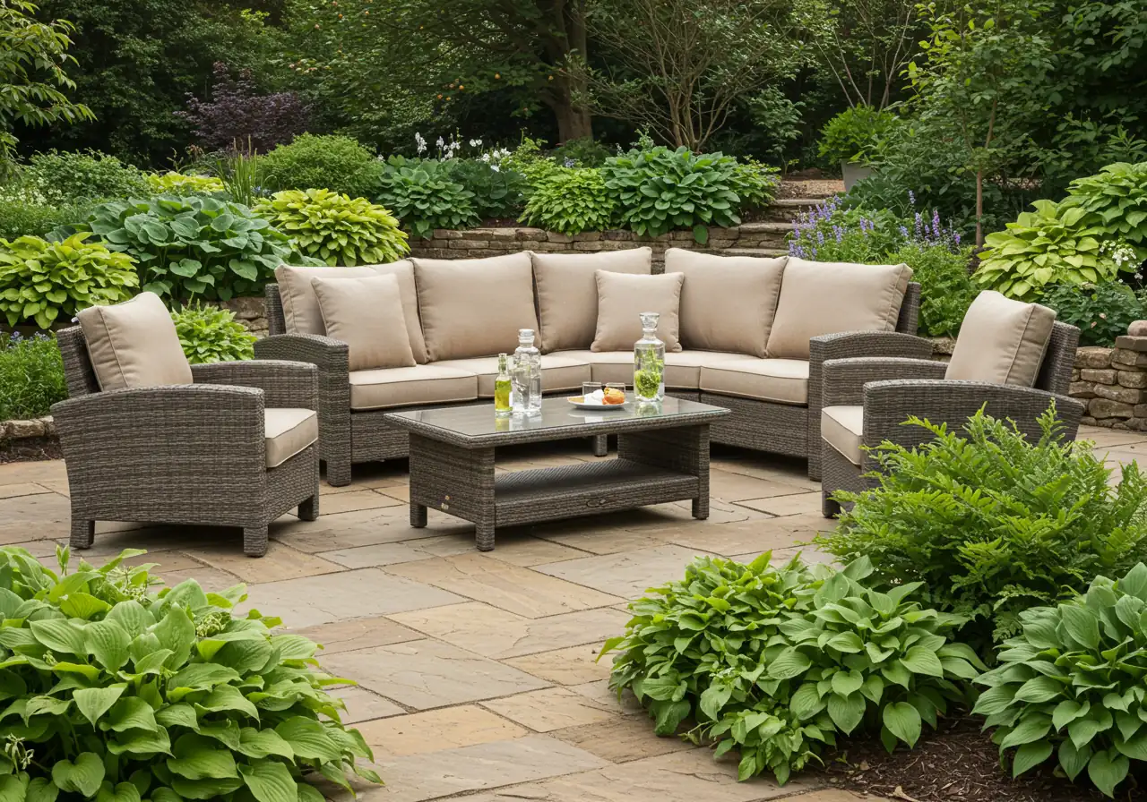 A beautifully staged outdoor lounge set on a stone patio. Featuring a comfortable resin wicker sofa and armchairs with plush, neutral-toned cushions, arranged around a low coffee table. Lush greenery and potted plants surround the seating area, suggesting a cozy, relaxing atmosphere. No people are visible.