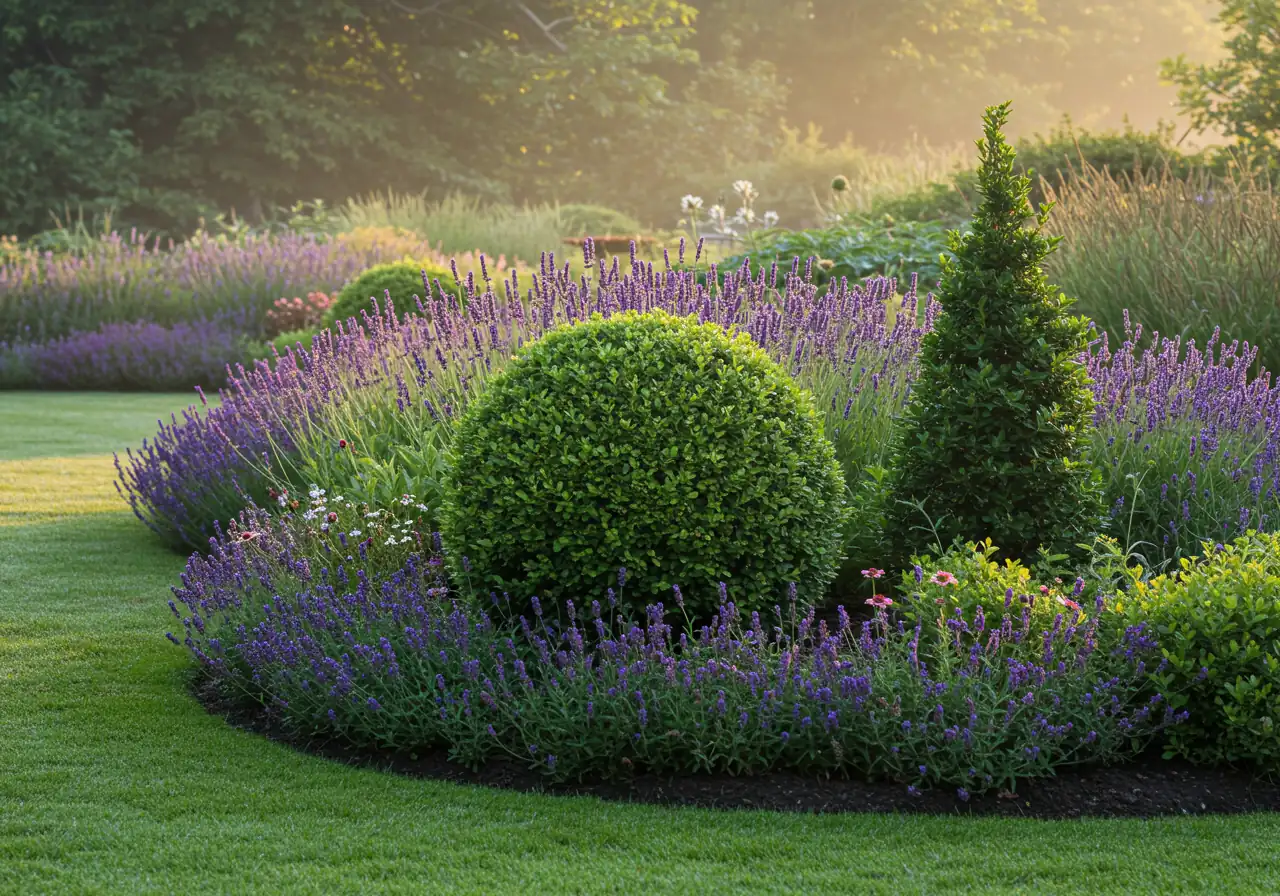 A visually appealing garden scene showcasing simple, elegant topiary shapes like spheres and cones integrated into a flower bed design. The focus should be on how these shapes add structure and act as focal points within a typical Ottawa residential landscape setting (without showing specific houses). Perhaps a neatly trimmed boxwood sphere next to flowering perennials.