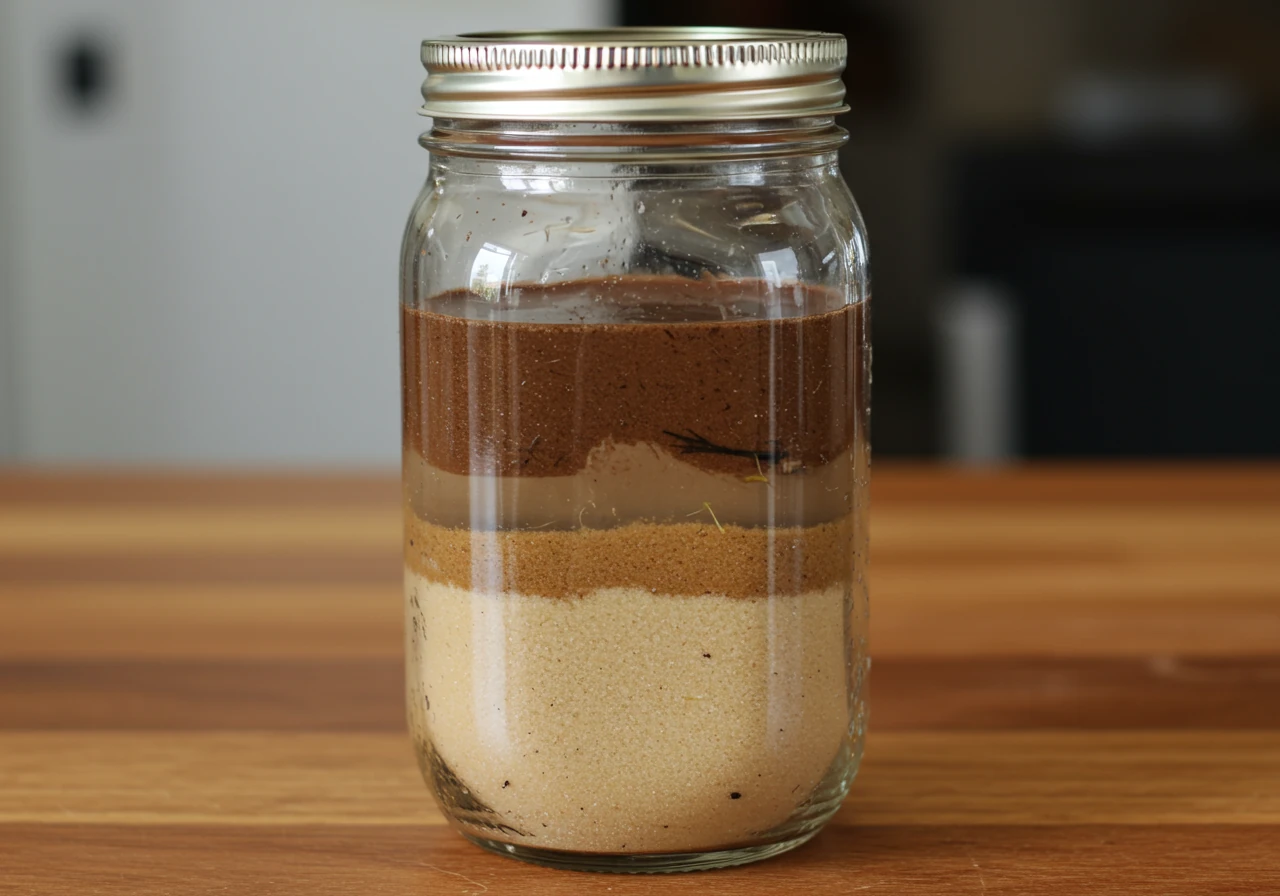 A clear, tall mason jar filled with settled soil layers after a soil test. The bottom layer is a thick, light-colored layer of sand. Above that is a thinner, medium-brown layer of silt. The top layer is a thin, dark brown layer of clay. Above the clay, the water is slightly cloudy. Some small pieces of organic matter are floating on the water's surface. The jar is sitting on a plain wooden surface.