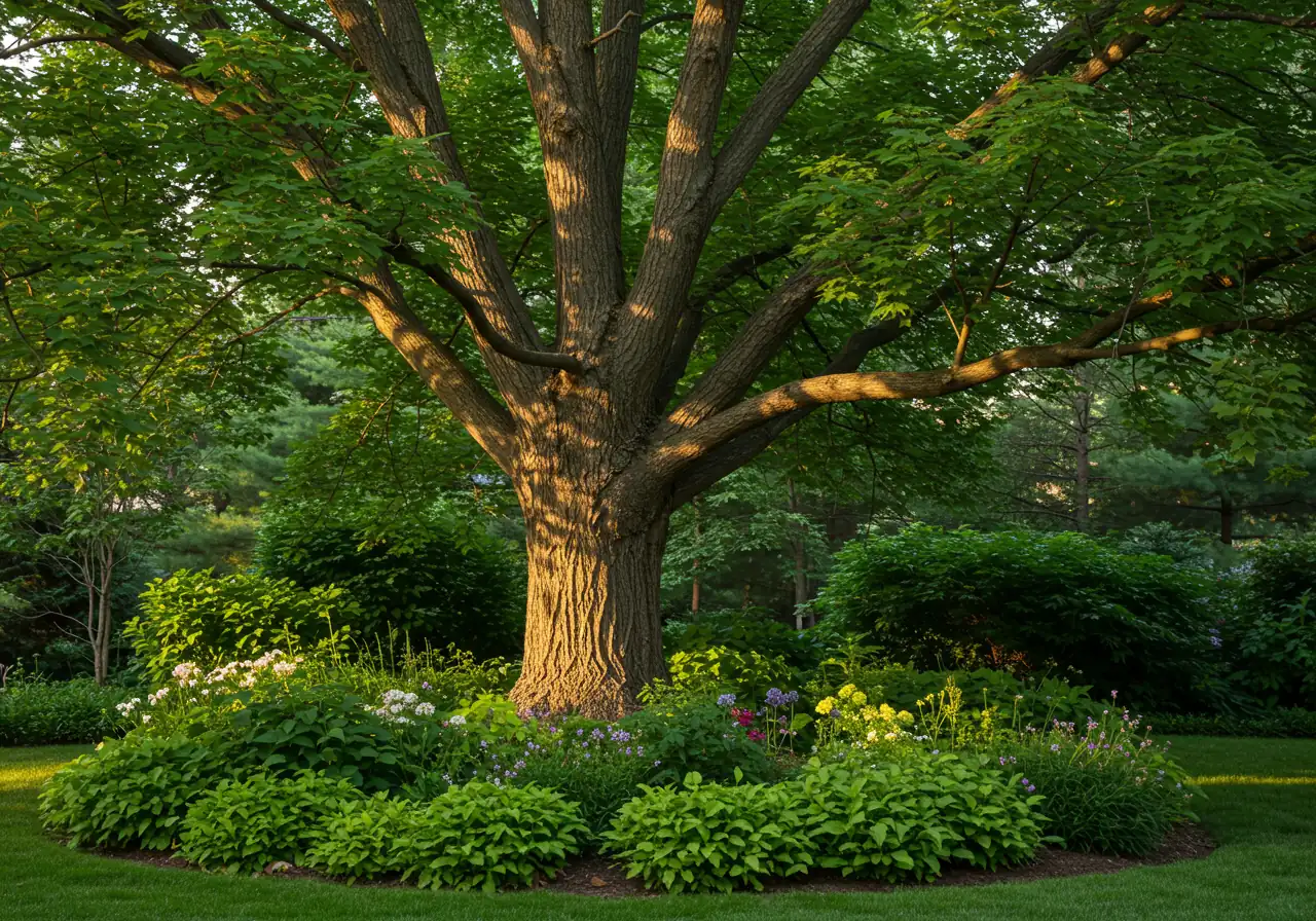 An image showcasing a beautiful, well-established tree with a large canopy casting dappled shade over a lush perennial garden bed below. Focus on the thick trunk and strong branching structure indicative of maturity, contrasting with the softer textures of the underplantings. No humans or text.