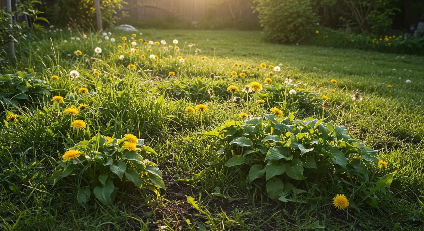 A realistic image depicting a somewhat neglected suburban backyard garden bed. Focus on moderately tall weeds (like dandelions or thistle) mingling amongst a few struggling or leggy desirable perennial plants (like hostas or daylilies). The edge of a patchy lawn could be slightly visible. The overall feel should be 'overgrown but salvageable', not a completely wild jungle. Soft morning light.
