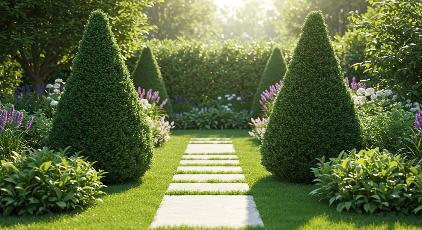 A beautifully manicured garden scene focusing on a pair of elegant, cone-shaped evergreen topiaries flanking a stone pathway. The surrounding garden beds are filled with lush green foliage and subtle summer flowers, under soft, natural sunlight. The topiaries are the clear focal point, showcasing the 'sculptural charm' mentioned.