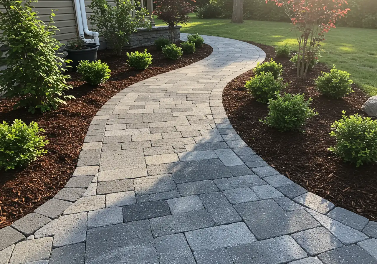 An image focusing on high-quality hardscaping, specifically a well-constructed interlocking paver walkway curving gently through a landscaped garden area. The pavers should look durable and expertly laid, with clean lines and perhaps a contrasting border. The surrounding garden should look neat, emphasizing how the hardscaping defines and enhances the space.