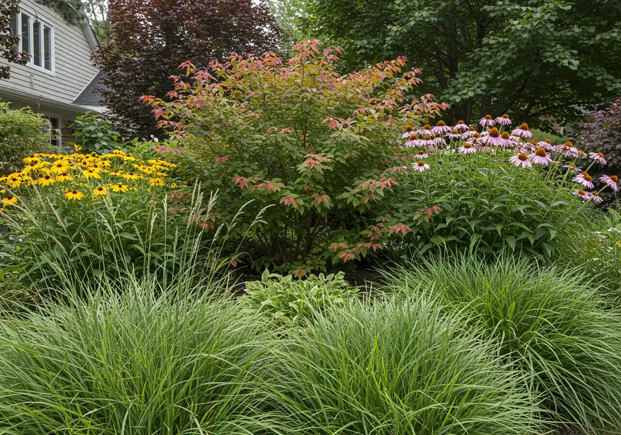 A visually appealing garden scene featuring a mix of sturdy, wind-resistant plants appropriate for Zone 5. Include some ornamental grasses bending slightly (showing flexibility), a well-structured native shrub (like Serviceberry or Dogwood), and some hardy perennials. The garden should look healthy and robust, implying resilience. Soft, natural light.