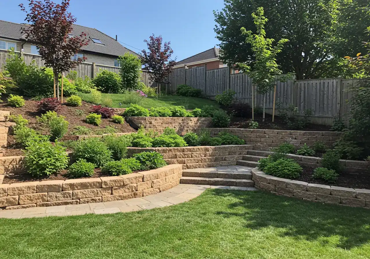 A clear photograph illustrating residential slope terracing. It should show a slope converted into two or three distinct, level tiers using low retaining walls made of natural fieldstone or timber. Each terrace level is neatly planted with low-maintenance perennials or groundcover, demonstrating how terracing creates usable space and controls runoff.