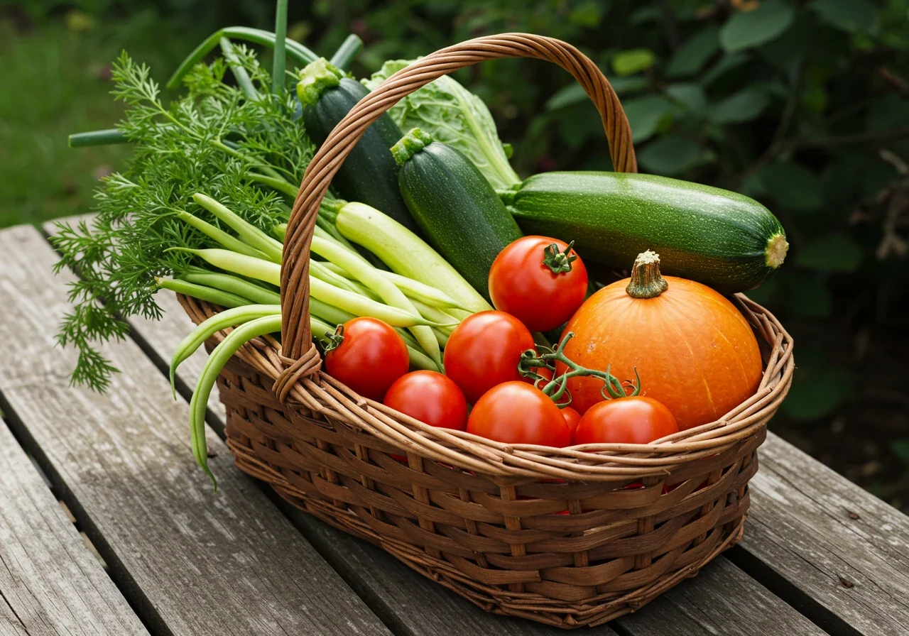 A beautiful, overflowing wicker harvest basket sitting on the grass or edge of a garden bed, filled with a colorful variety of freshly picked summer vegetables like ripe red tomatoes, green zucchini, yellow squash, and perhaps some leafy greens. Morning or late afternoon light.