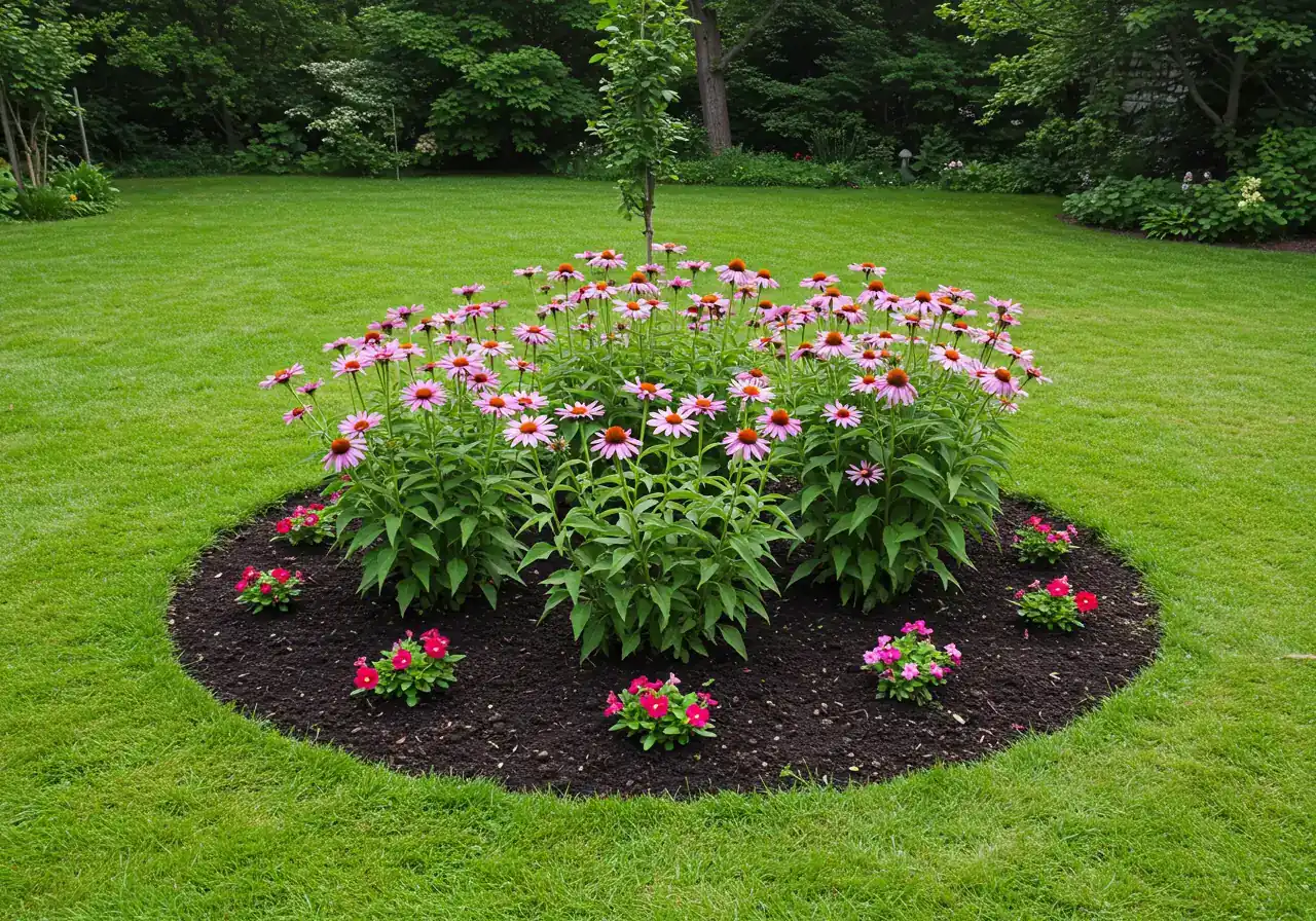 A visually appealing image of a small, newly established circular flower bed planted exactly where a stump might have been removed in a residential lawn. The bed is filled with rich dark soil and features healthy, vibrant flowering plants like purple coneflowers or black-eyed susans. The surrounding lawn is green and healthy.