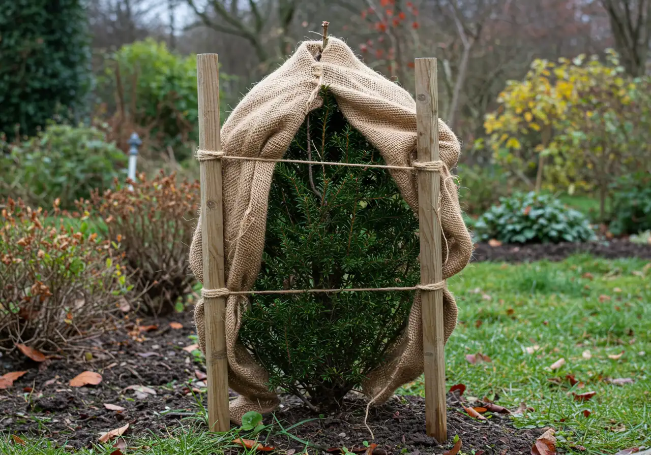 A clear, medium shot of a small evergreen shrub, like a cedar or boxwood, correctly wrapped in burlap for winter protection. The burlap should be secured to wooden stakes placed around the shrub (not touching it directly), illustrating the proper technique described. The background should be a typical suburban garden setting in late fall.