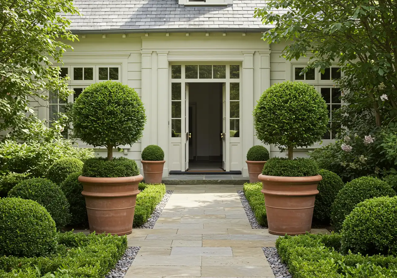 A beautifully landscaped residential garden path in Ottawa flanked by two perfectly spherical evergreen topiaries (like Boxwood or Globe Cedar) in decorative pots, demonstrating instant elegance and curb appeal. The focus is on the shapes and their placement.
