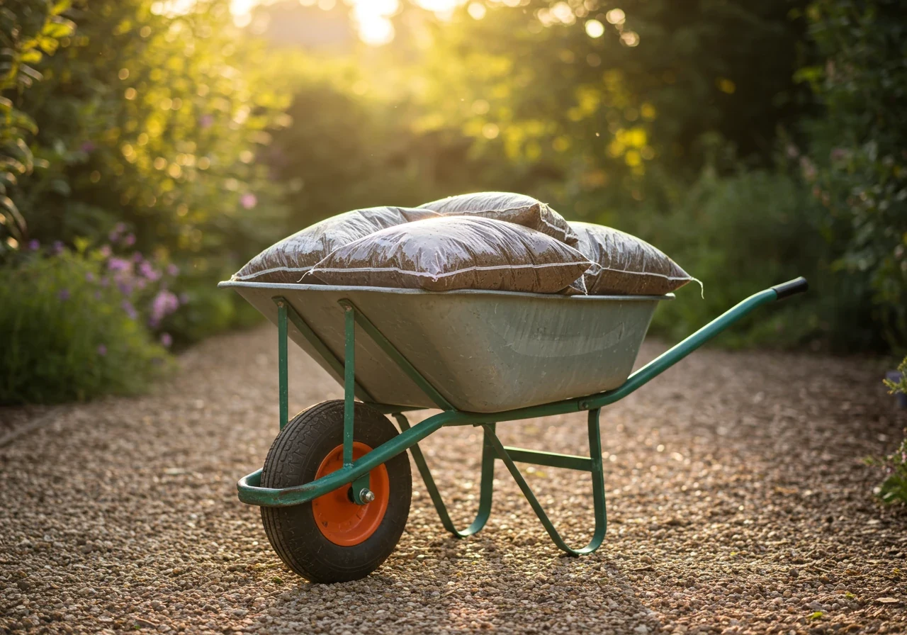 A sturdy, clean garden wheelbarrow parked on a neat garden pathway (perhaps gravel or stone pavers). The wheelbarrow is comfortably filled with several bags of garden soil or compost, illustrating the ease of transporting heavy materials using wheels instead of lifting.
