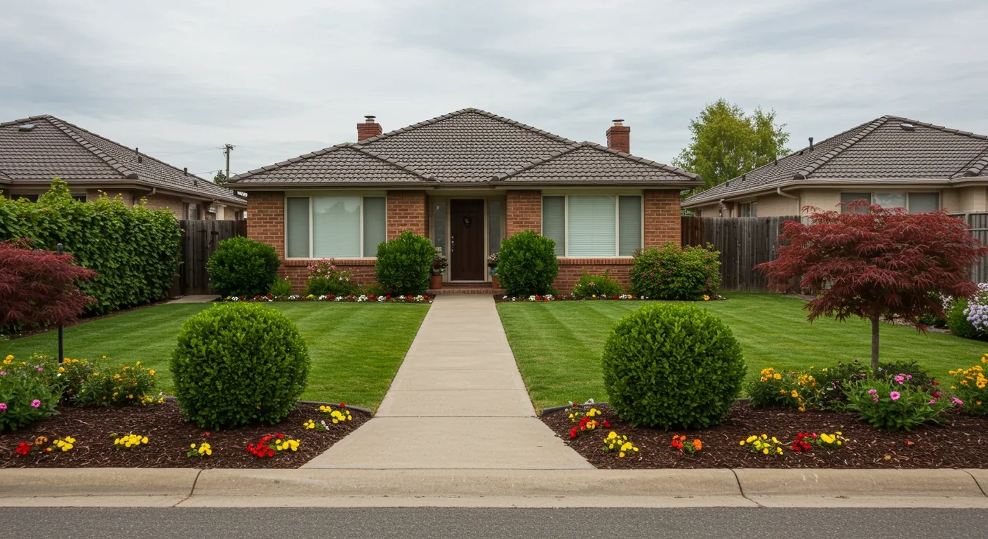 A beautifully landscaped front yard of a suburban home, likely in a setting similar to Greely, showcasing prominent, well-maintained topiary shapes (e.g., two neat spheres or cones flanking the entrance path). The topiary should be the clear focal point, significantly enhancing the home's curb appeal. The lighting should be bright daylight, highlighting the green foliage and crisp shapes against the backdrop of the house and surrounding garden.