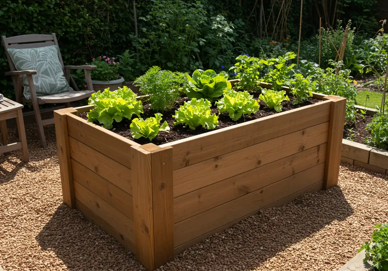 A well-constructed, waist-high wooden raised garden bed filled with dark, rich soil. Lush, healthy lettuce and herb plants are growing neatly within the bed, bathed in bright, natural sunlight. The image highlights the accessibility and tidiness of raised bed gardening.