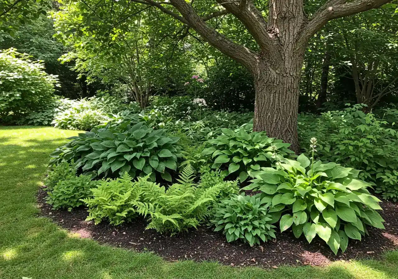 A vibrant photograph showcasing a well-established shade garden corner. It features lush, healthy Hostas with large leaves in varying shades of green and blue, alongside delicate ferns, thriving in the dappled shade beneath a mature tree or next to the north-facing wall of a house.